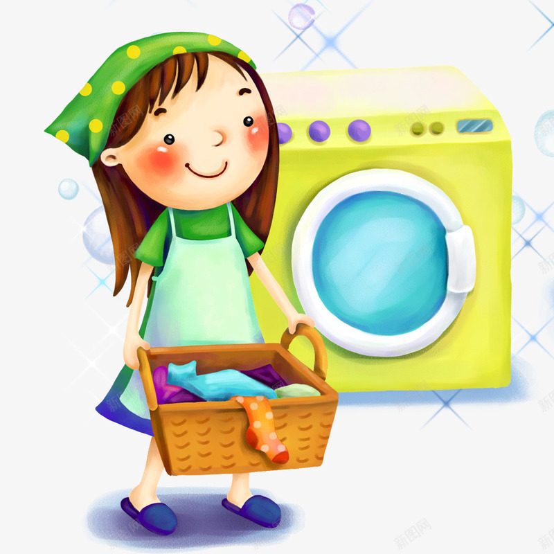 洗衣服的女孩png免抠素材_新图网 https://ixintu.com 卡通 女孩 插画 洗衣服