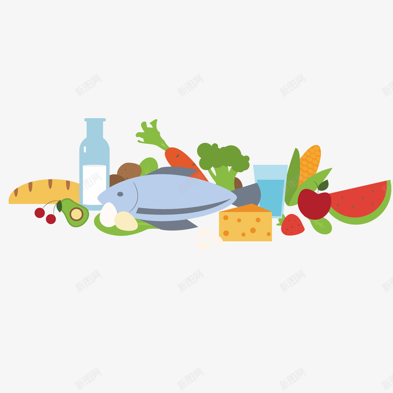 搭配营养的食物矢量图ai免抠素材_新图网 https://ixintu.com 水果 蔬菜 西瓜 食物 鱼类 矢量图