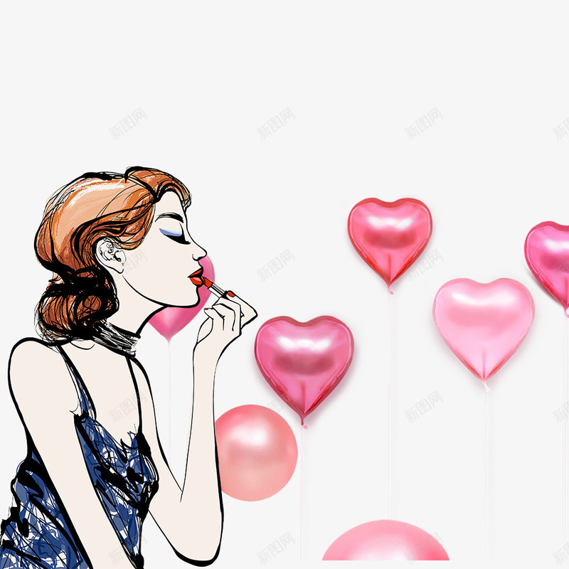 化妆出门的女性psd免抠素材_新图网 https://ixintu.com 人物设计 化妆 口红 女性 情人节约会打扮 手绘 爱心气球