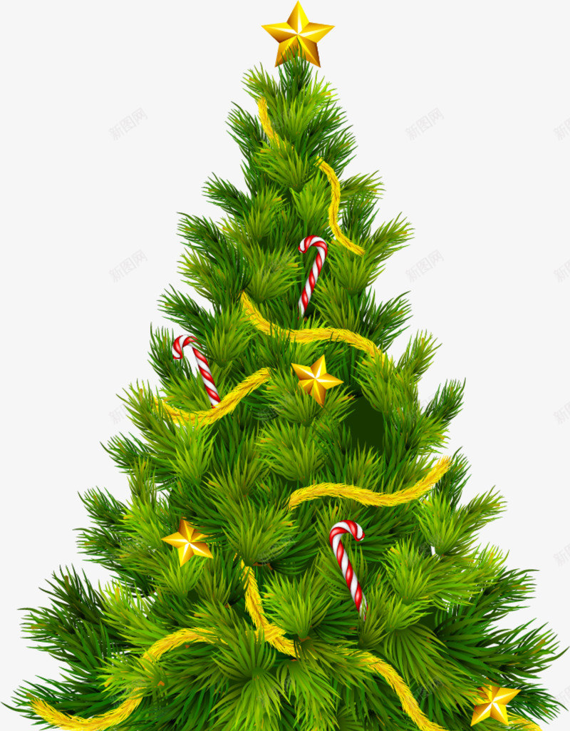 圣诞节绿色圣诞树png免抠素材_新图网 https://ixintu.com 喜庆 圣诞节 拐杖糖果 绿色圣诞树 黄色丝带 黄色星星