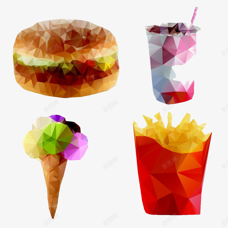 色块绘制的汉堡薯条png免抠素材_新图网 https://ixintu.com 可乐 快餐 汉堡 甜筒 薯条 西式快餐
