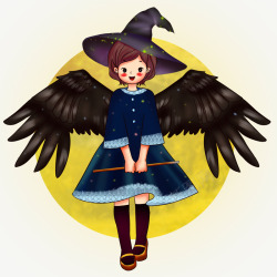 女巫扫帚矢量插画有翅膀的万圣节女巫插画高清图片