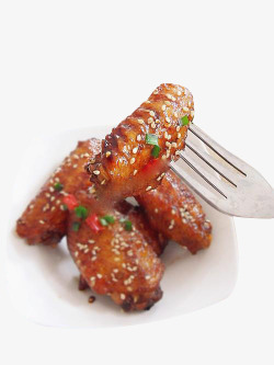 韩国烤肉图片叉子叉起的鸡翅高清图片