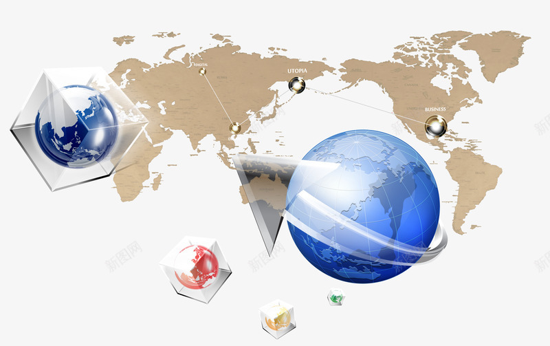 科技感世界地图和地球png免抠素材_新图网 https://ixintu.com 世界地图 地图 地球 方块 科技 科技感地图 线条