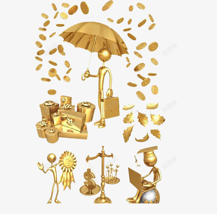 金色大集合png免抠素材_新图网 https://ixintu.com 金币 金色 金色的人 金色的伞 金色的礼品盒 金色的礼物 金色的称