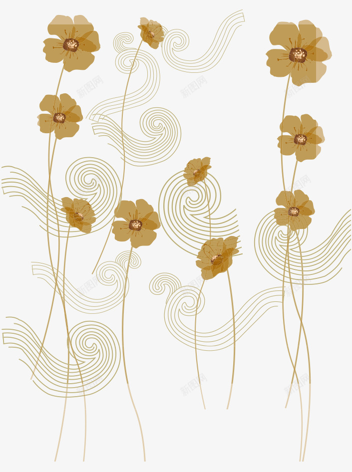 卡通手绘金色花朵曲线装饰矢量图ai免抠素材_新图网 https://ixintu.com 卡通的植物 手绘的花朵 曲线的装饰 金色的花朵 矢量图