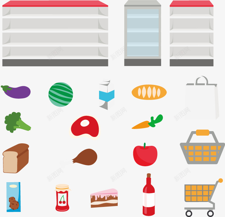 超市元素png免抠素材_新图网 https://ixintu.com 冰柜 水果 蔬菜 购物车