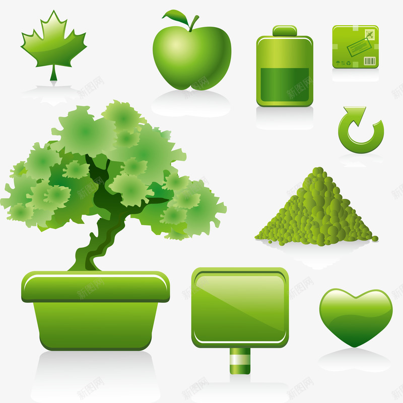 绿色新能源标识图标psd_新图网 https://ixintu.com 循环使用 指示牌 新能源 核堆 电池 盆栽 绿色 苹果