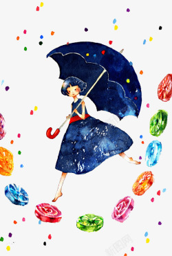 糖果雨伞撑伞踩着糖果的女孩高清图片