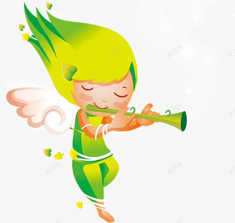 小女孩吹喇叭png免抠素材_新图网 https://ixintu.com 卡通 喇叭 小女孩 绿色 翅膀 音乐