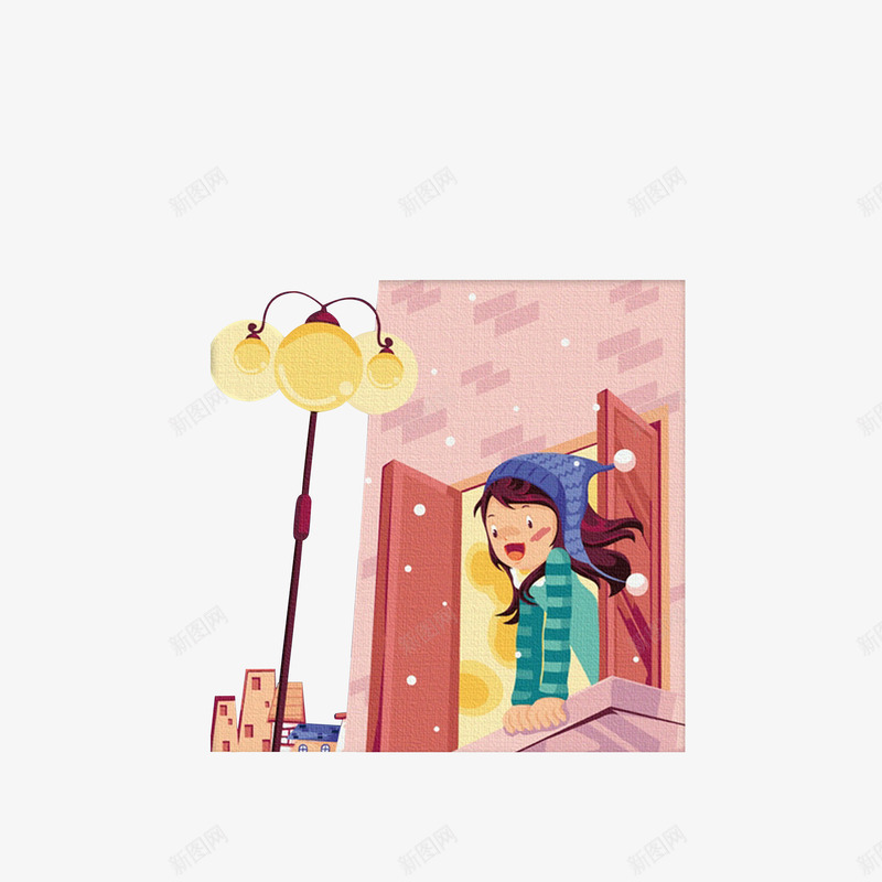 卡通看着窗外下雪开心的女孩png免抠素材_新图网 https://ixintu.com 下雪 开心女孩 插画 看窗外 路灯 雪花飘飘
