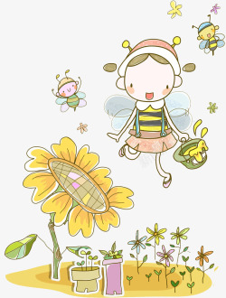 闻向日葵的小女孩图片采蜜蜂的小女孩高清图片