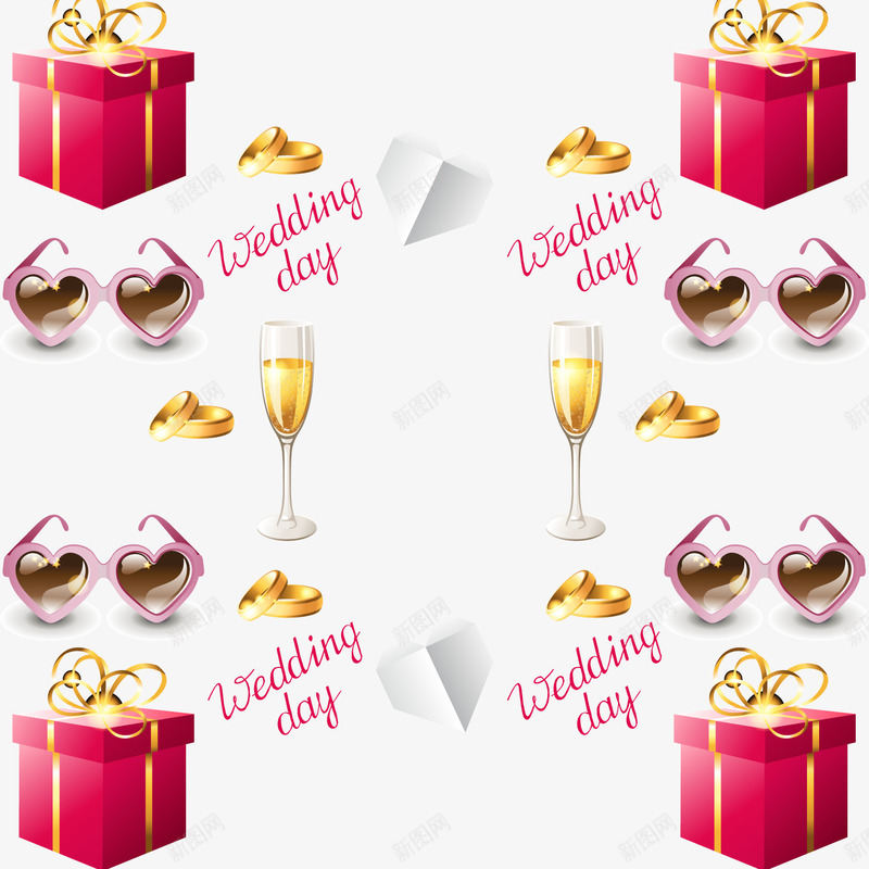 婚礼礼物盒与香槟杯png免抠素材_新图网 https://ixintu.com 婚礼装饰 礼物 红色礼品盒 香槟杯