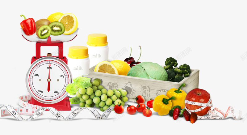蔬菜水果重量称png免抠素材_新图网 https://ixintu.com 哈密瓜 柠檬 猕猴桃 皮尺 称度 葡萄