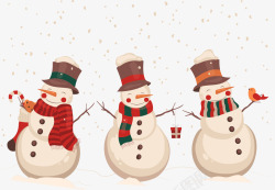 打扮好的雪人手绘三个雪人矢量图高清图片