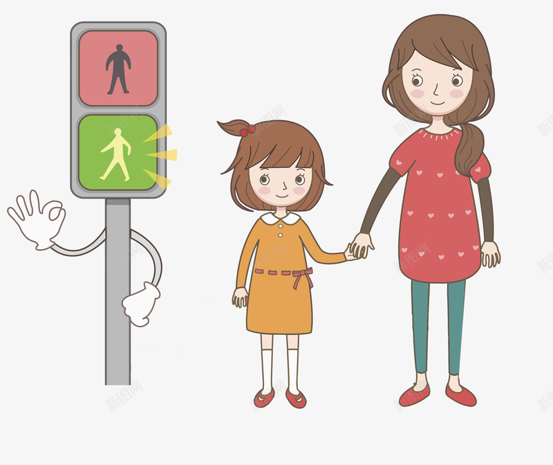 过马路的女孩图png免抠素材_新图网 https://ixintu.com 交规 创意的 女人 女孩 插图 母女 漂亮的 红路灯