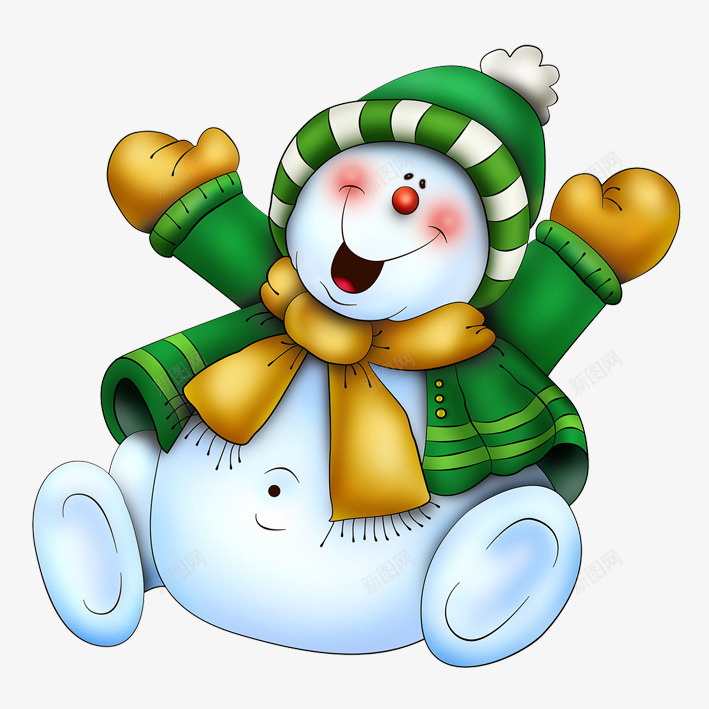 开心的雪人png免抠素材_新图网 https://ixintu.com 冬天 帽子 开心 白色 绿色 衣服 雪 雪人 雪球 雪花 黄色