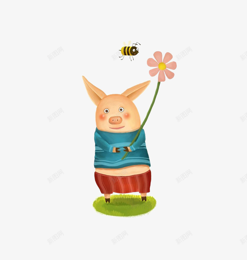 可爱小猪png免抠素材_新图网 https://ixintu.com 可爱小猪 手绘 插画 花 蜜蜂