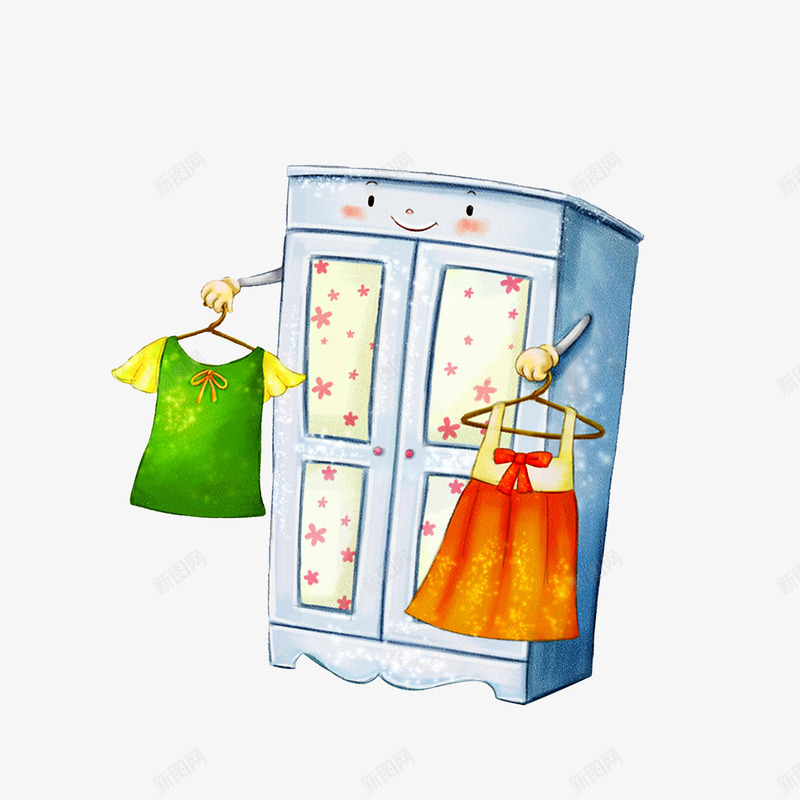 卡通拿着衣服的衣柜png免抠素材_新图网 https://ixintu.com 卡通衣橱 可爱衣橱 拿着衣服 衣服 连衣裙