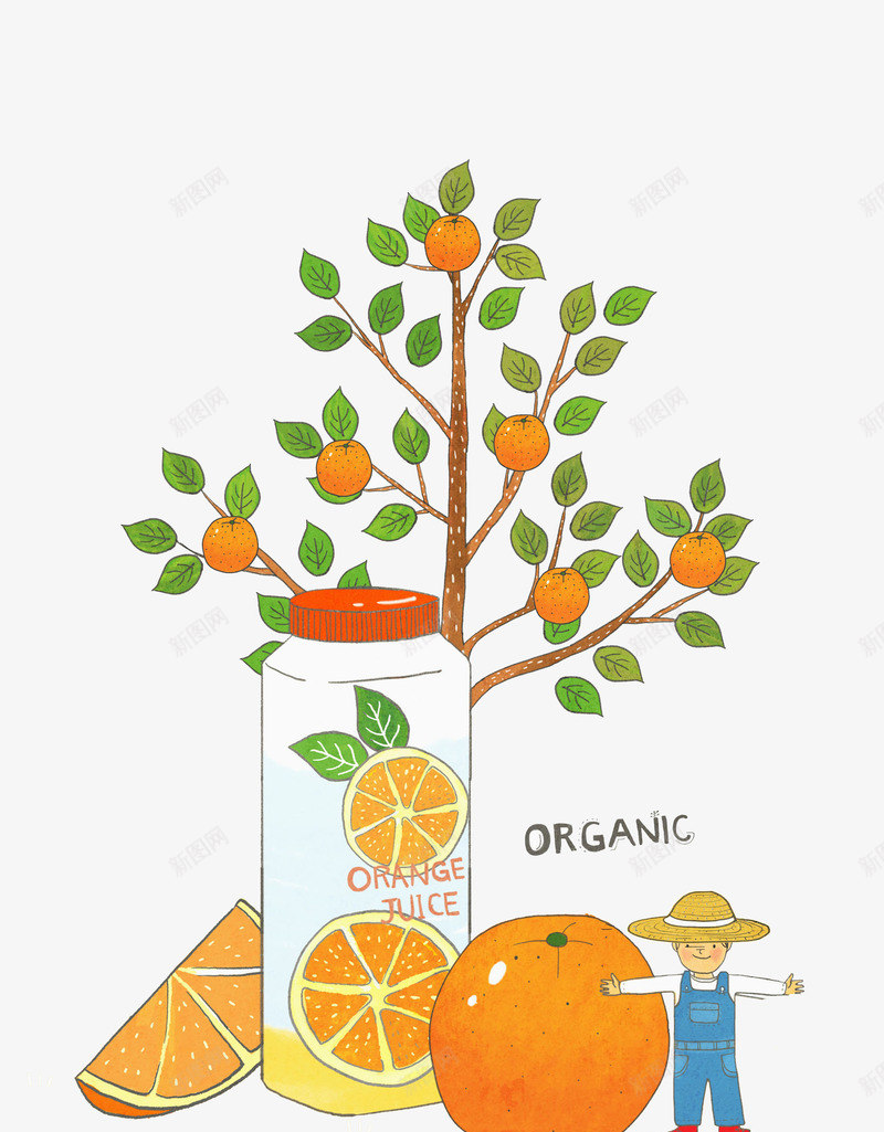 手绘橙子树png免抠素材_新图网 https://ixintu.com 手绘 果实 树干 橙子树 水果 玻璃管 艺术字 金色盖子