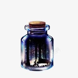 心愿瓶蓝色玻璃瓶森林夜晚素材