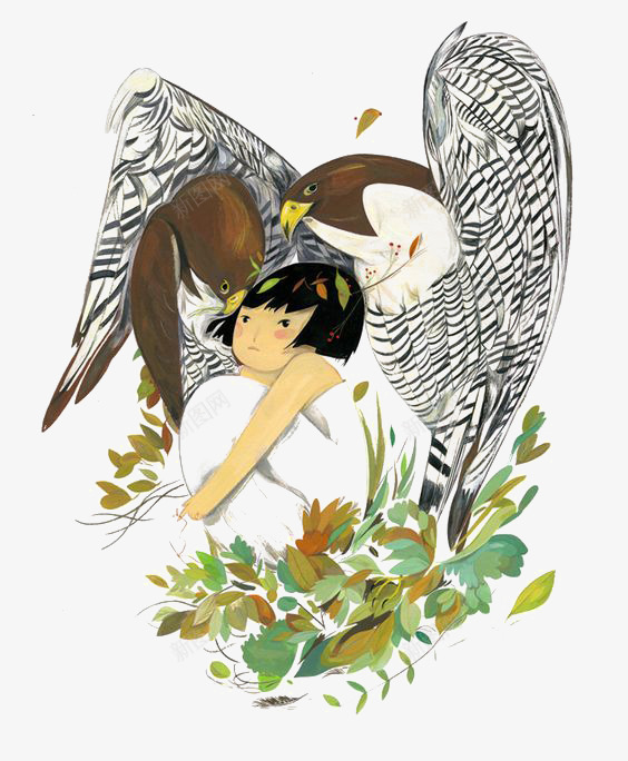 梦幻女孩png免抠素材_新图网 https://ixintu.com 卡通 天使 女孩 手绘 插画 植物 翅膀 鸟