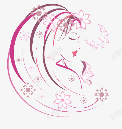 漂亮的女手绘像png免抠素材_新图网 https://ixintu.com 粉色 线条 花朵