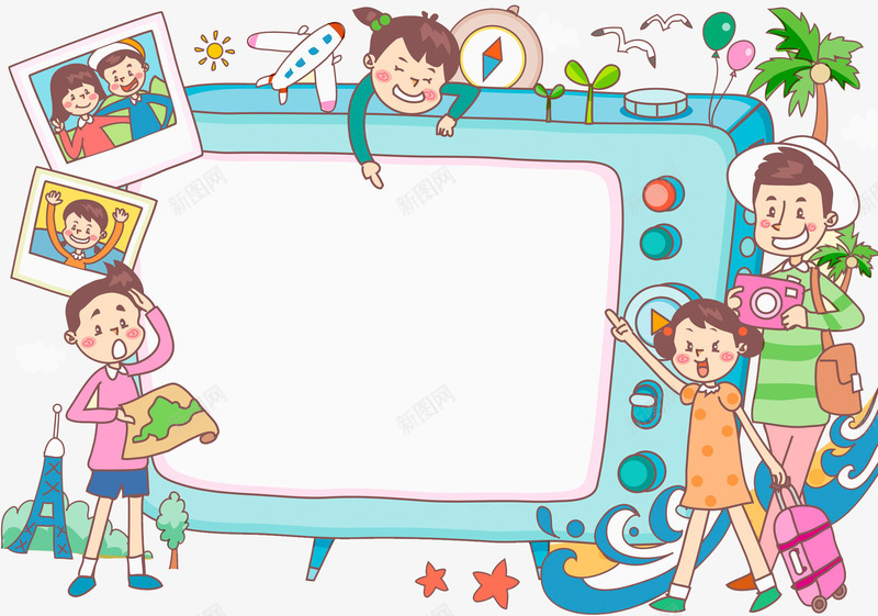 卡通电视机png免抠素材_新图网 https://ixintu.com 女孩 手绘 指南针 按钮 电视机 男孩 相机 相片