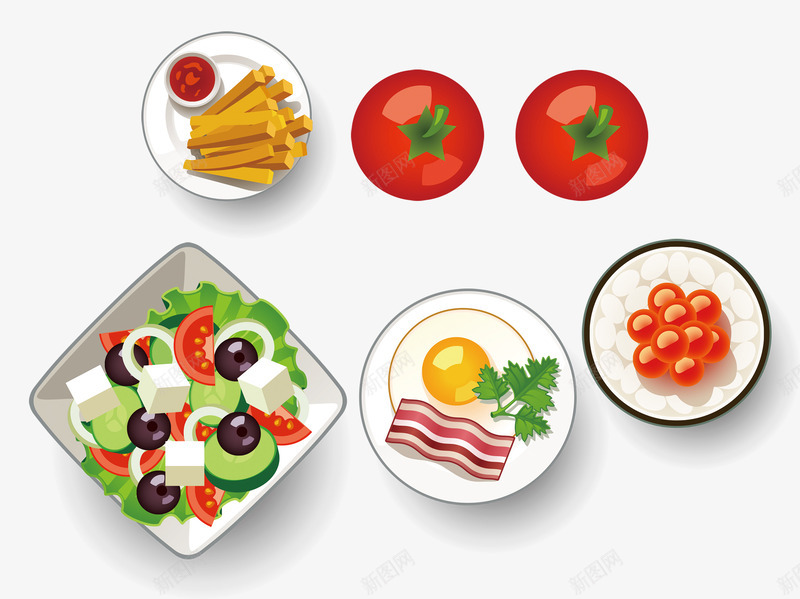绿色食品psd免抠素材_新图网 https://ixintu.com 减肥餐 新鲜健康 煎蛋 番茄西红柿 蔬菜沙拉 薯条 食物