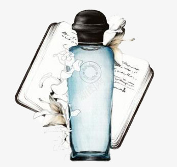 香水png免抠素材_新图网 https://ixintu.com 书籍 墨 墨迹 手绘 玻璃瓶 花朵 蓝色瓶子 香水 黑白