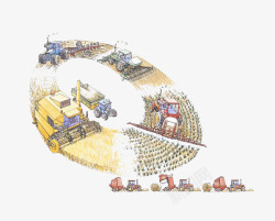 水彩插图收割粮食手绘麦子地机械收割高清图片