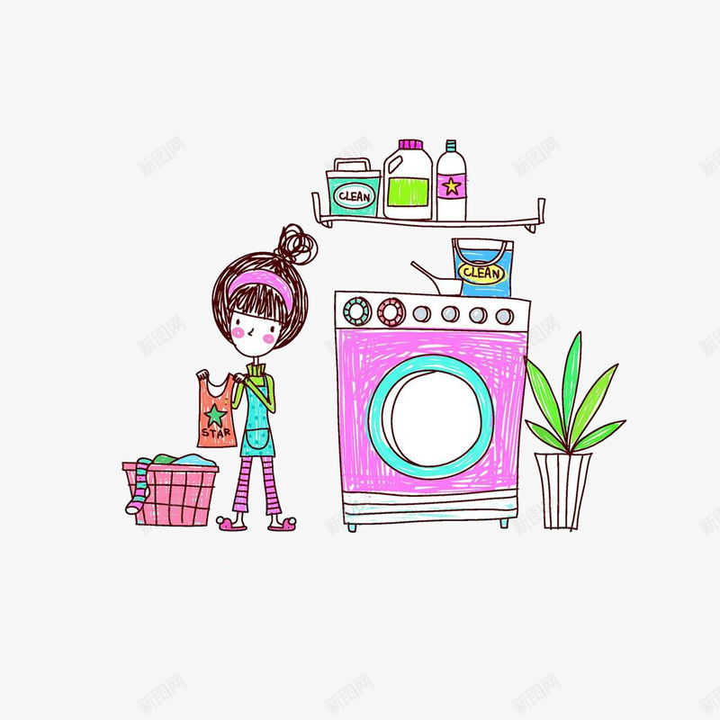 洗衣服插画psd免抠素材_新图网 https://ixintu.com 卡通女孩 洗衣服插画 洗衣服的女人 洗衣机 洗衣液 盆栽