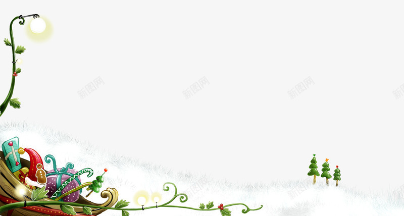 雪地上的海盗船png免抠素材_新图网 https://ixintu.com 下雪 冬季 卡通 柏树 白色 绿色 花藤 雪景 雪花