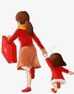 手绘穿红衣服的母女背影素材