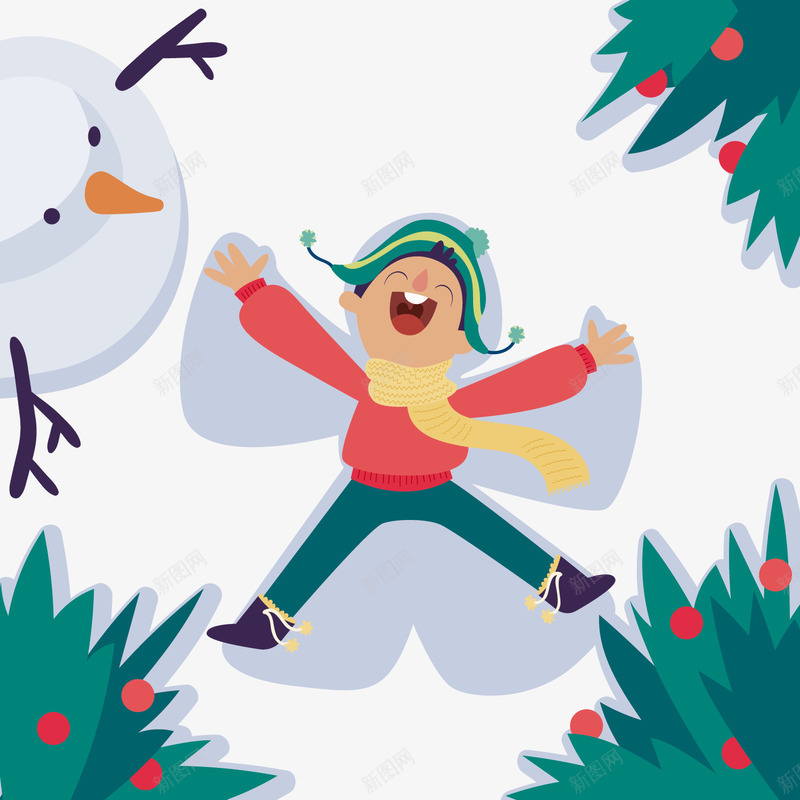 创意雪地打滚的圣诞男孩png免抠素材_新图网 https://ixintu.com 下雪 卡通人物 卡通男孩 圣诞树 白色雪人 雪地