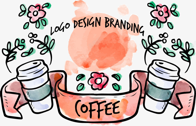 水彩个性图标png_新图网 https://ixintu.com COFFEE 个性 咖啡杯 图标 水彩 花卉 飘带