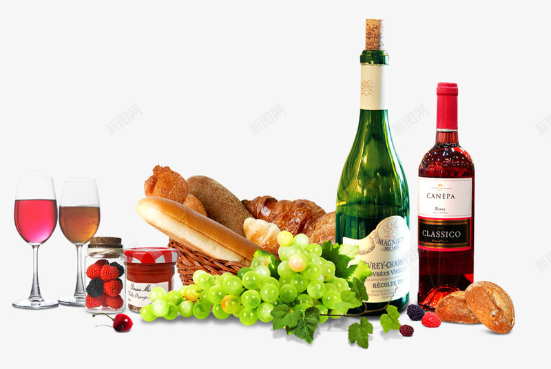 美食堆png免抠素材_新图网 https://ixintu.com 水果 红酒 绿葡萄 美食 美食堆 葡萄 酒杯 酒瓶 面包