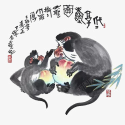 国画桃中国风水墨两只猴子抱桃插画高清图片