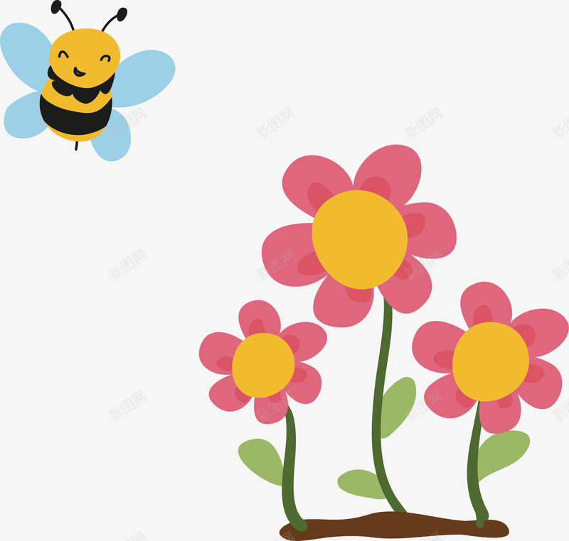 com 可爱花丛 可爱蜜蜂 小蜜蜂 矢量png 矢量图 粉色花朵 蜜蜂 黄色