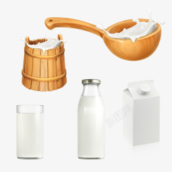 木桶木勺里的牛奶素材