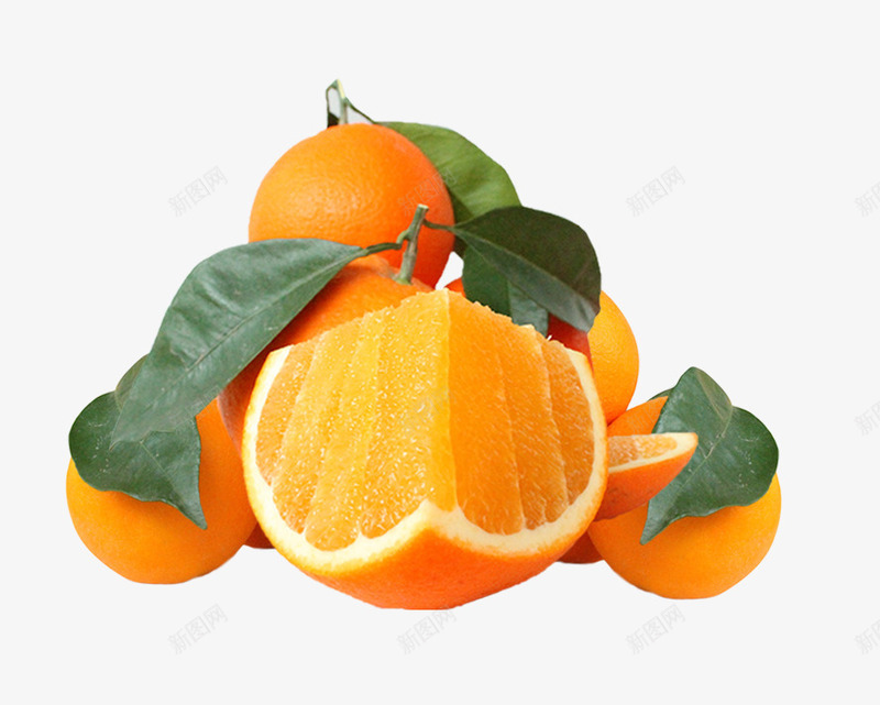 新鲜橙子psd免抠素材_新图网 https://ixintu.com 切开的橙子 大橙子 橙色 甘甜 绿叶