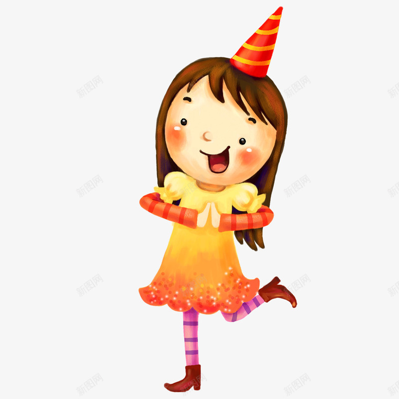 戴生日帽的女孩png免抠素材_新图网 https://ixintu.com 卡通 女孩 帽子 开心 手绘 生日 简图 衣服 黄色的