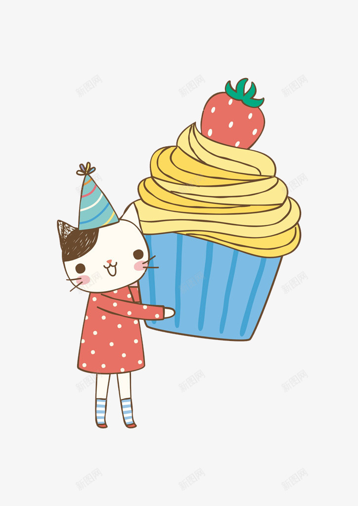甜美蛋糕png免抠素材_新图网 https://ixintu.com 奶油蛋糕 手绘 斑点衣服 猫咪 生日帽 草莓