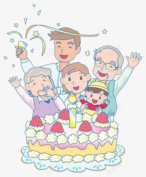 全家给宝宝过生日png免抠素材_新图网 https://ixintu.com 卡通family 宝宝 父母 祖辈 蛋糕