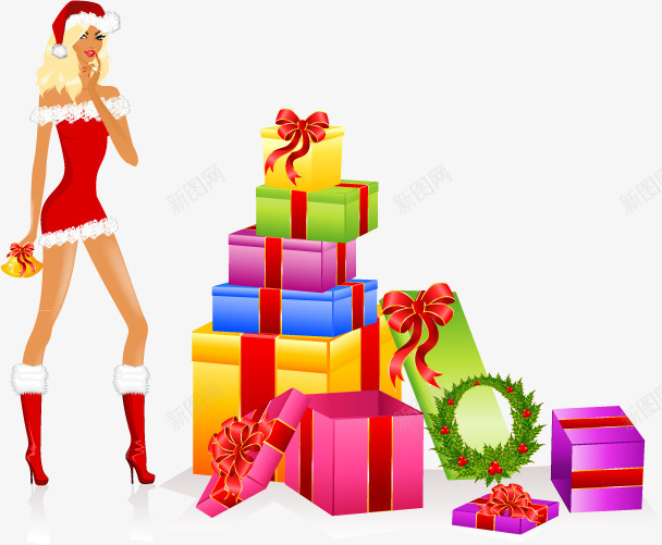 圣诞节png免抠素材_新图网 https://ixintu.com 女孩 礼品堆 礼盒