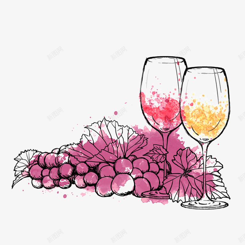葡萄红酒png免抠素材_新图网 https://ixintu.com 欧式风格 水彩 水彩提子 红酒 葡萄 高脚杯