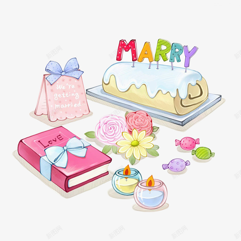 婚礼蛋糕png免抠素材_新图网 https://ixintu.com 丝带 婚礼 婚礼蛋糕 糖果 花 蜡烛 邀请书
