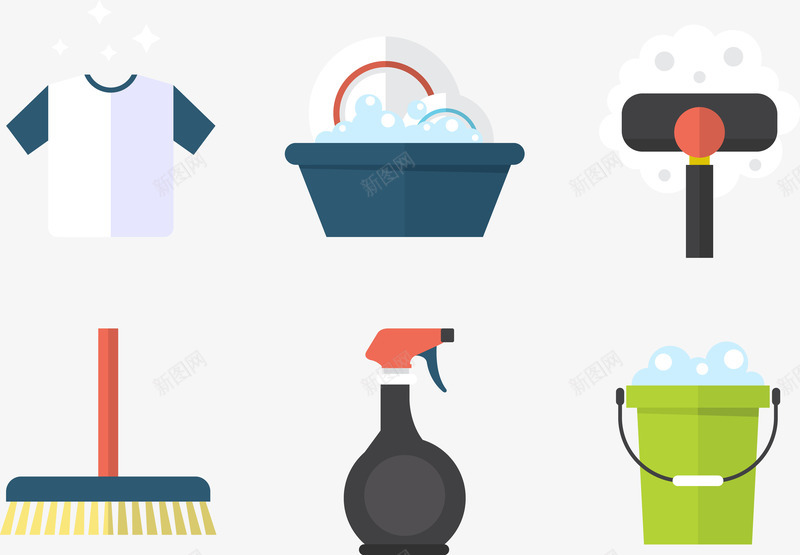 清洁用品png免抠素材_新图网 https://ixintu.com 喷雾 扫把 水桶 水盆 衣服
