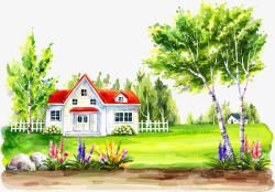 卡通风景图绿色大树和红色小屋高清图片