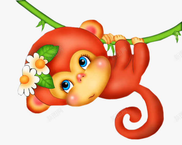 攀爬的小猴子png免抠素材_新图网 https://ixintu.com 卡通 大眼猴 头花 小猴子 手绘 水彩 红色 美猴 藤条